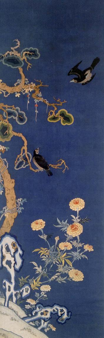 刺繡柏菊八哥圖（軸），清同治年間繡品，蘇繡，刺繡品，藏品繡